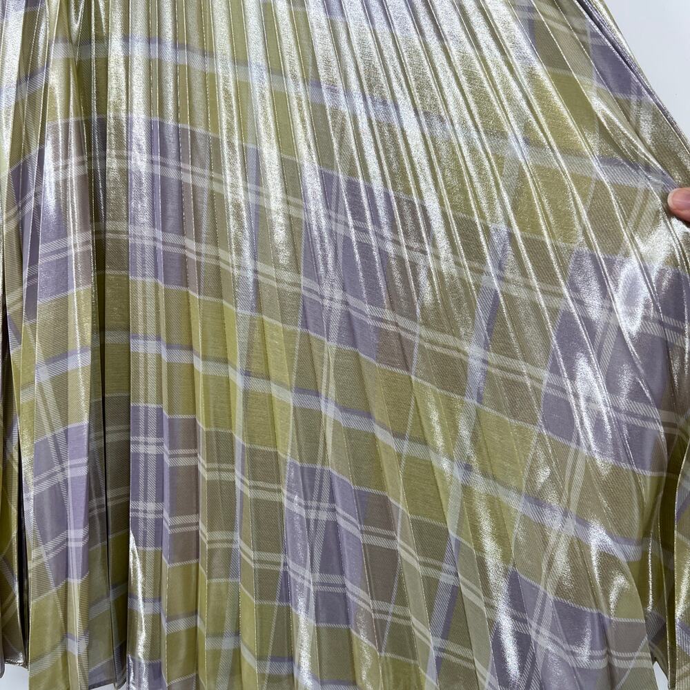 Lauren Ralph Lauren Checked Plaid Pleated Georgette Skirt 12 Green Metallic NEW - Picture 3 of 11
